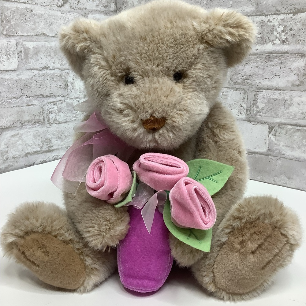 Gund Plush Teddy Bear Pink Roses Flower Pot Soft Stuffed Animal Toy 11” Lovey